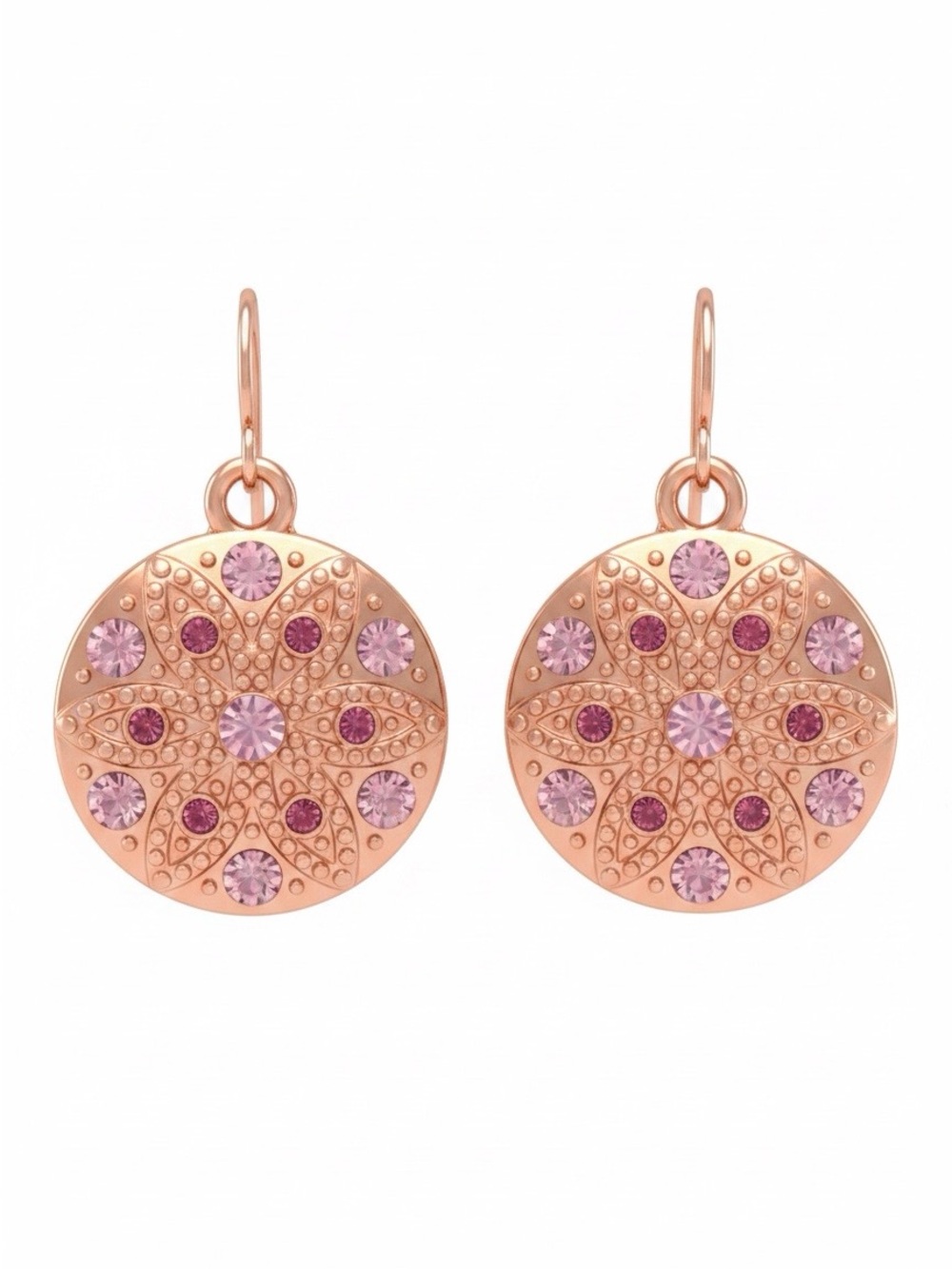 Rose Gold Pink Crystal Disc Drop Earrings